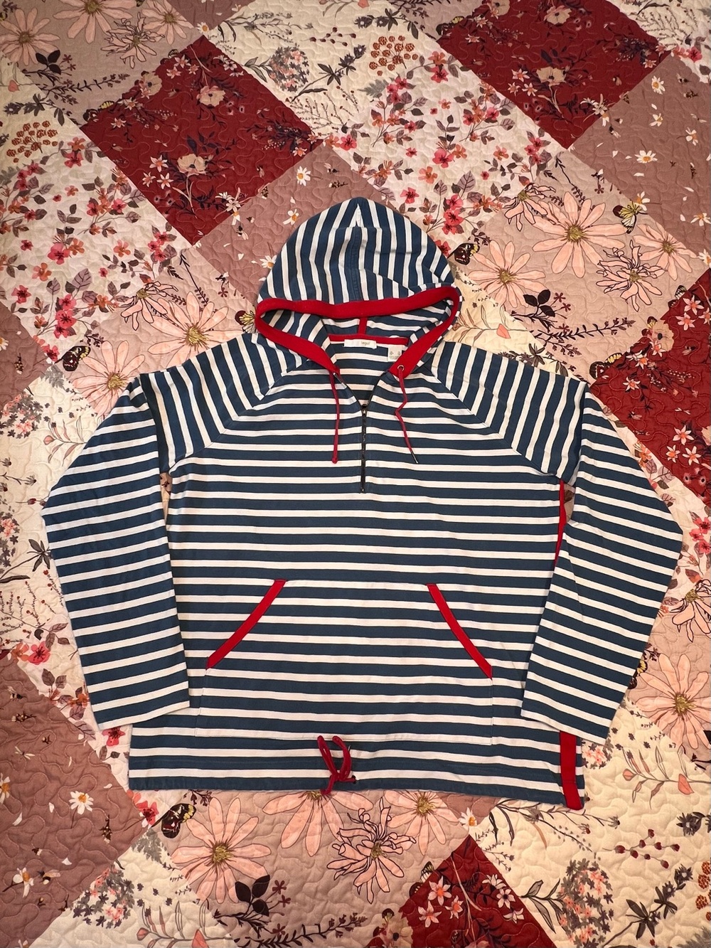 Striped Navy & White Hoodie with Red Trim